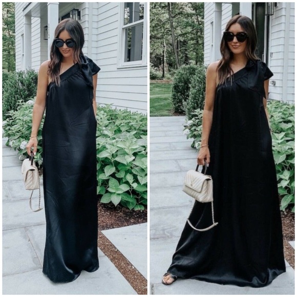 Free People Soa One Shoulder Bow Satin Maxi Dress in Black - Picture 1 of 15